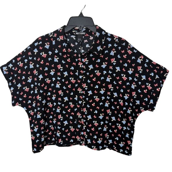 Hot Topic Oversized Boxy Fit Button Up Top Allover Novelty Print Mushrooms Sz. M - Picture 1 of 7